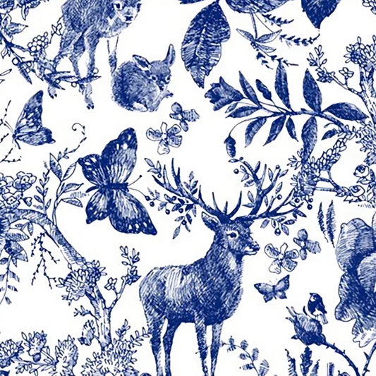 Stag and Forest Cotton in Indigo Blue and White