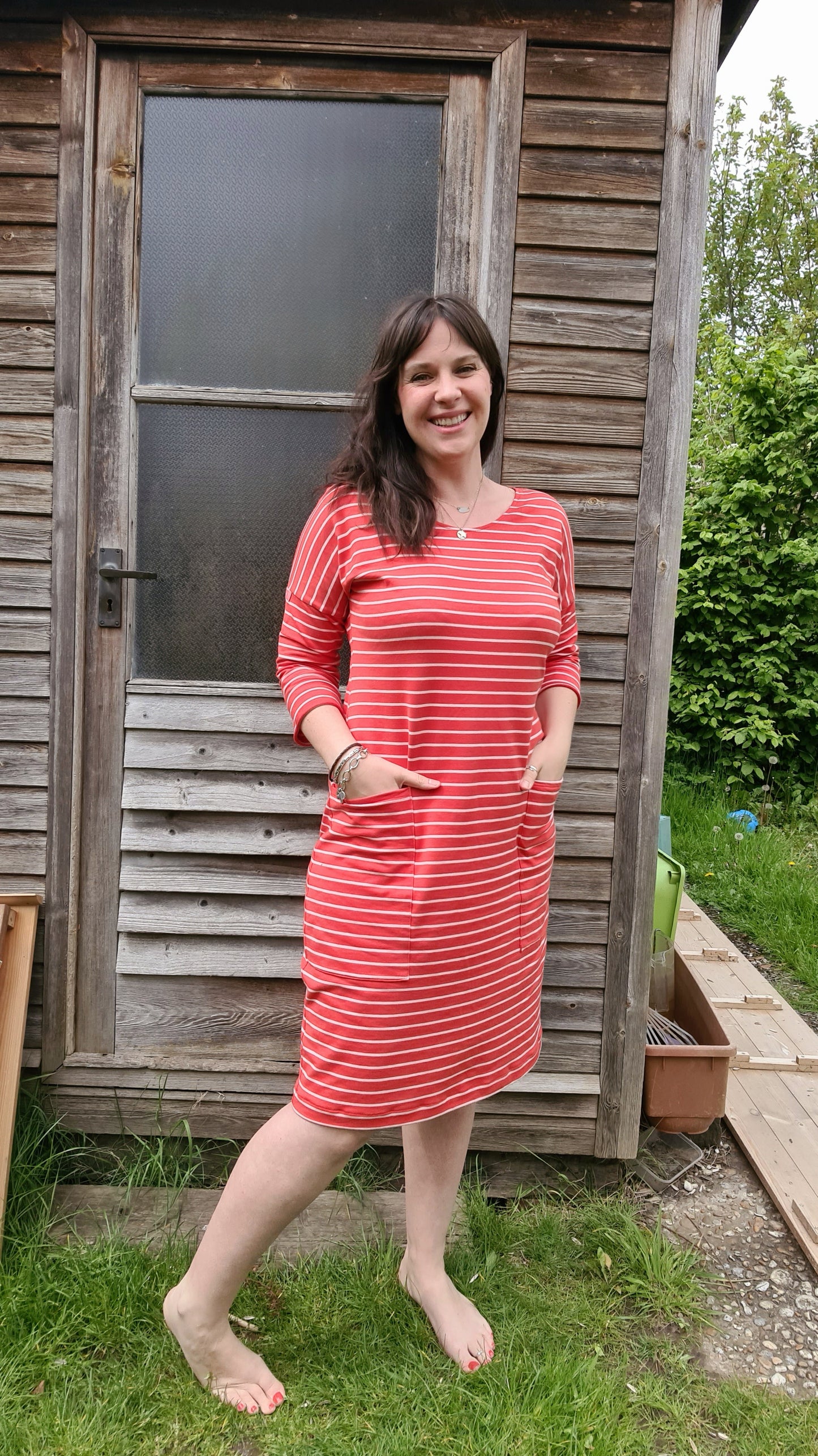 Sample Astrid T-shirt Dress in Red and Pink Stripes Cotton French Terry - Size 16