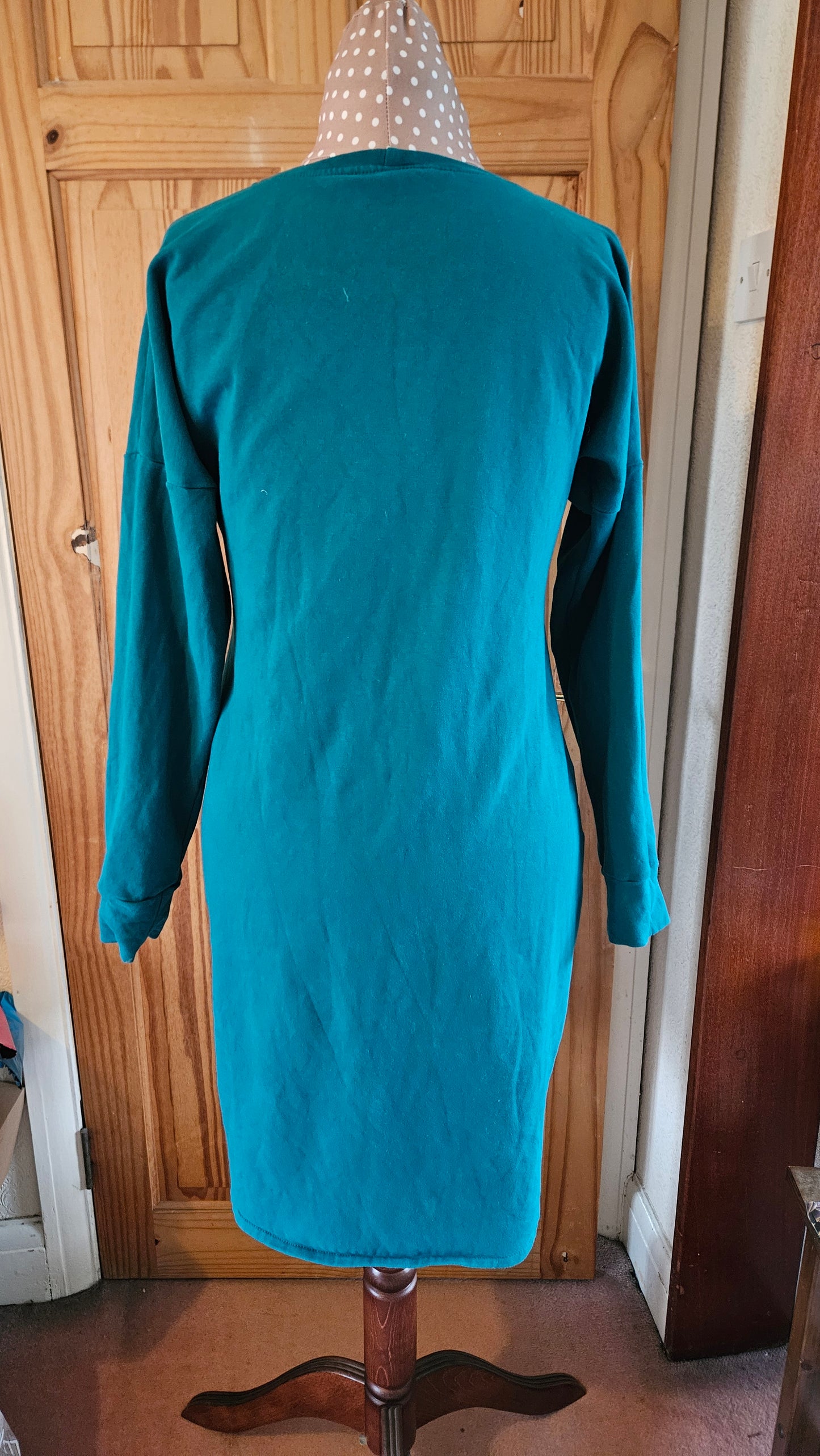 Sample Astrid Jumper Dress in Teal Brushed Back Sweatshirt - Size 16