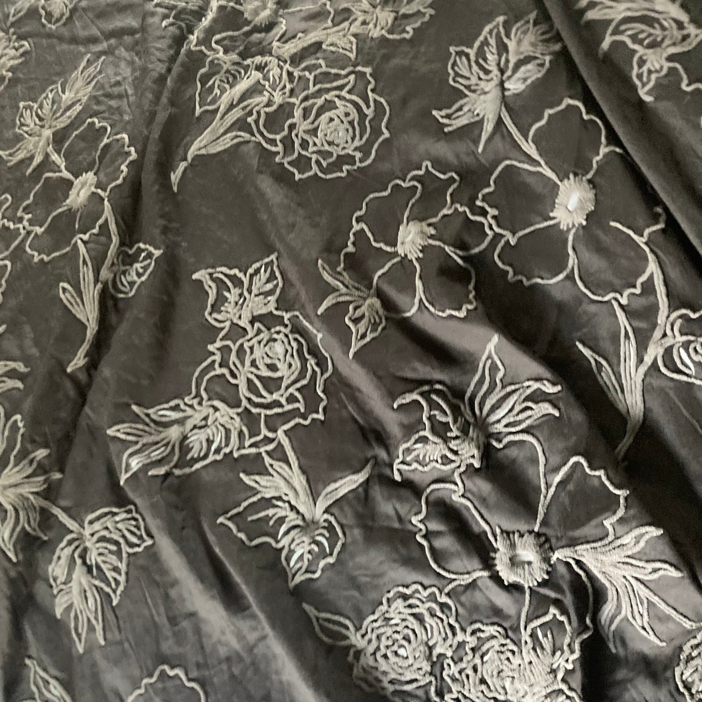Grey Rubber Flower Design on a Black Cotton Background Remnant - 3.2m