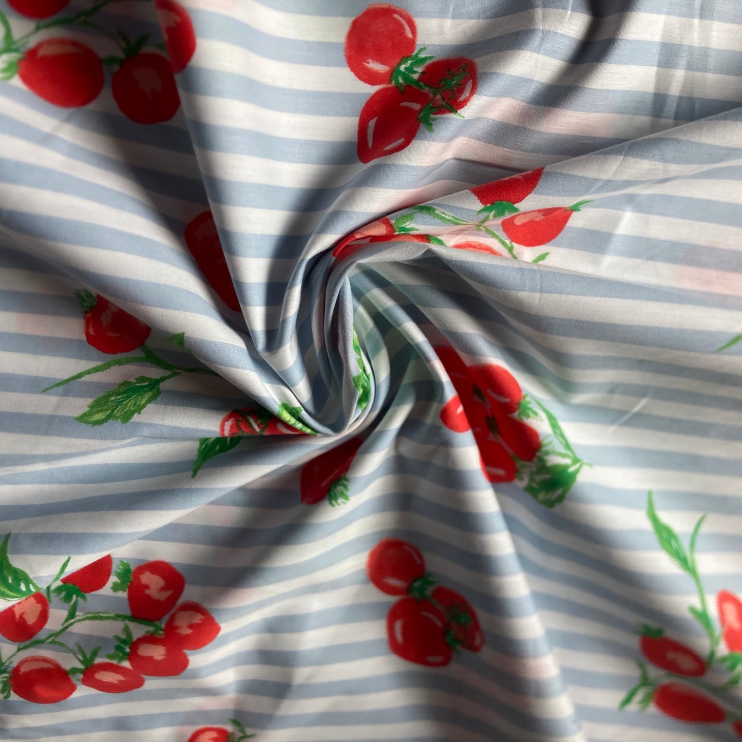 Tomatoes on Stripes Cotton in Red Blue and White