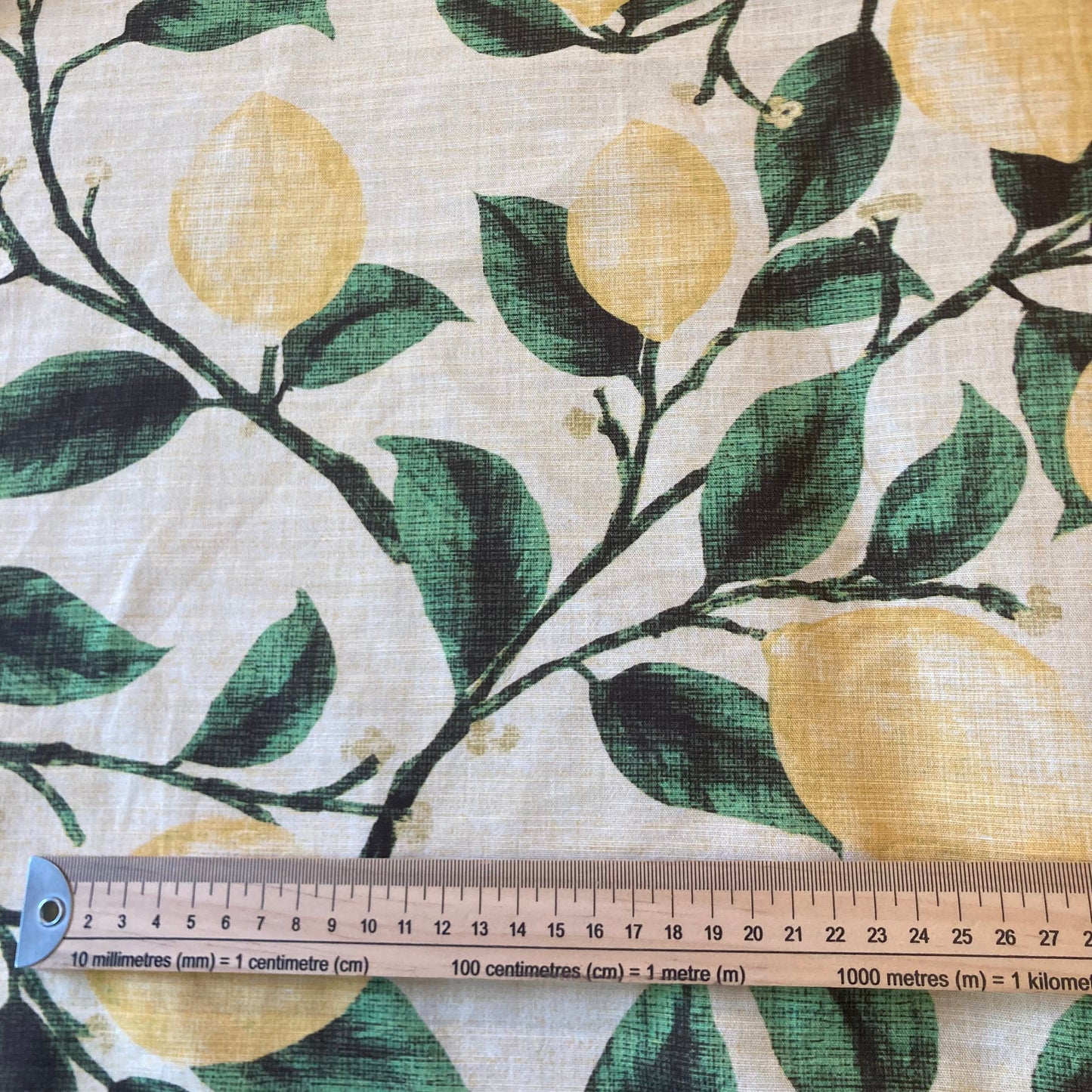 Linen Look Lemons with Green Leaves on Yellow Cotton Remnant - 2.3m