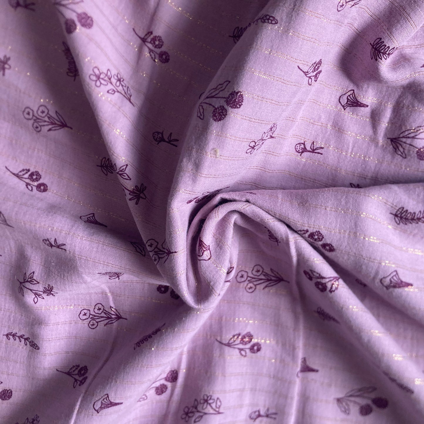 Fine Gold Stripe Ditsy Floral Double Gauze in Lilac