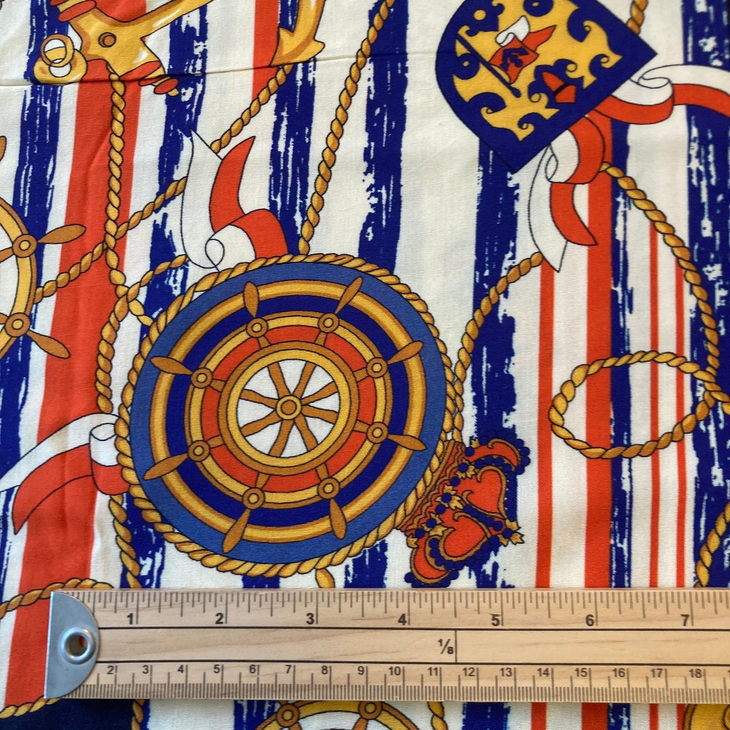 Anchors and Ropes Cotton Viscose in Red and Blue on Cream Remnant 3.65m