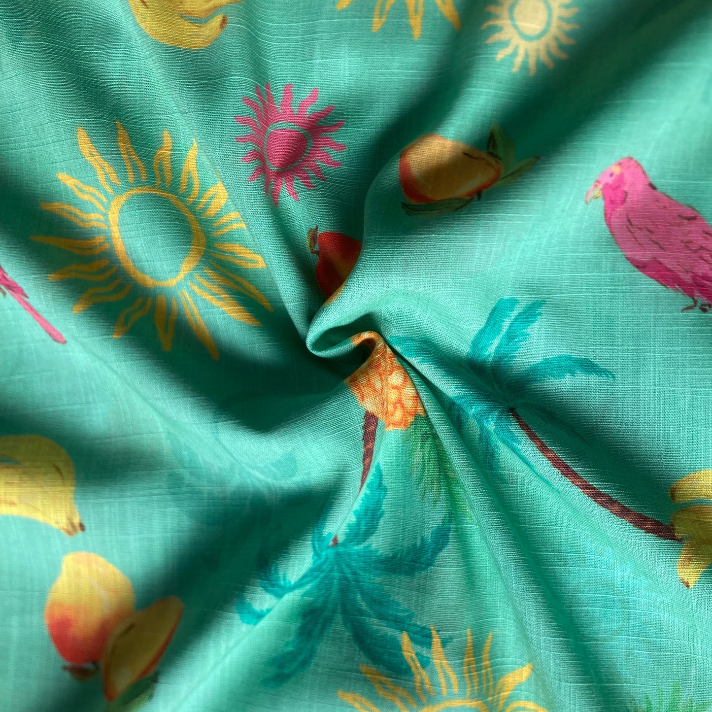 Bananas Birds and Palm Trees Viscose Cotton in Green and Yellow