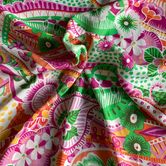 Abstract Heart and Floral Print in Pink and Green on White Viscose Satin Remnant - 4.25m