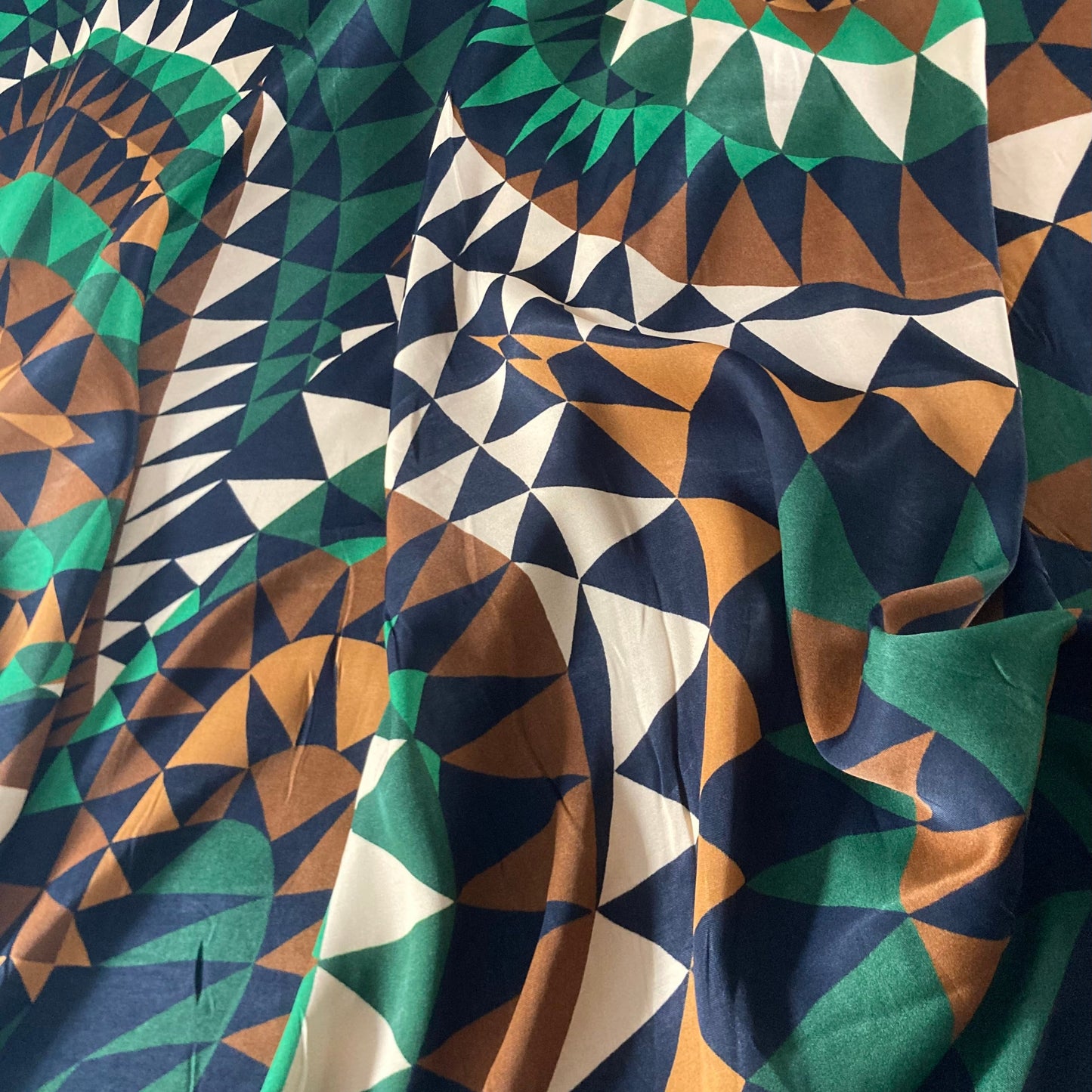 Farm Rio Geometric Heart Pattern Viscose Satin in Green and Brown Remnant 2m