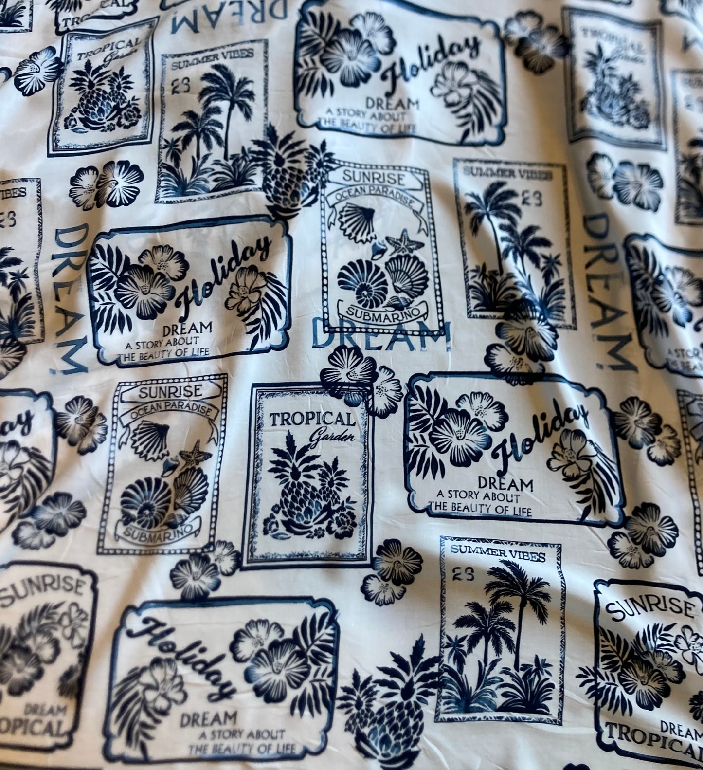 Holiday Tiles Print in Navy Blue on White Viscose Remnant - 4.75m