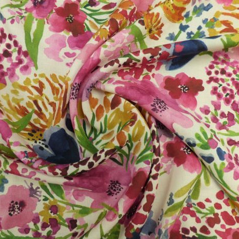 Lady McElroy Field of Flowers Viscose Challis in Cream and Pink