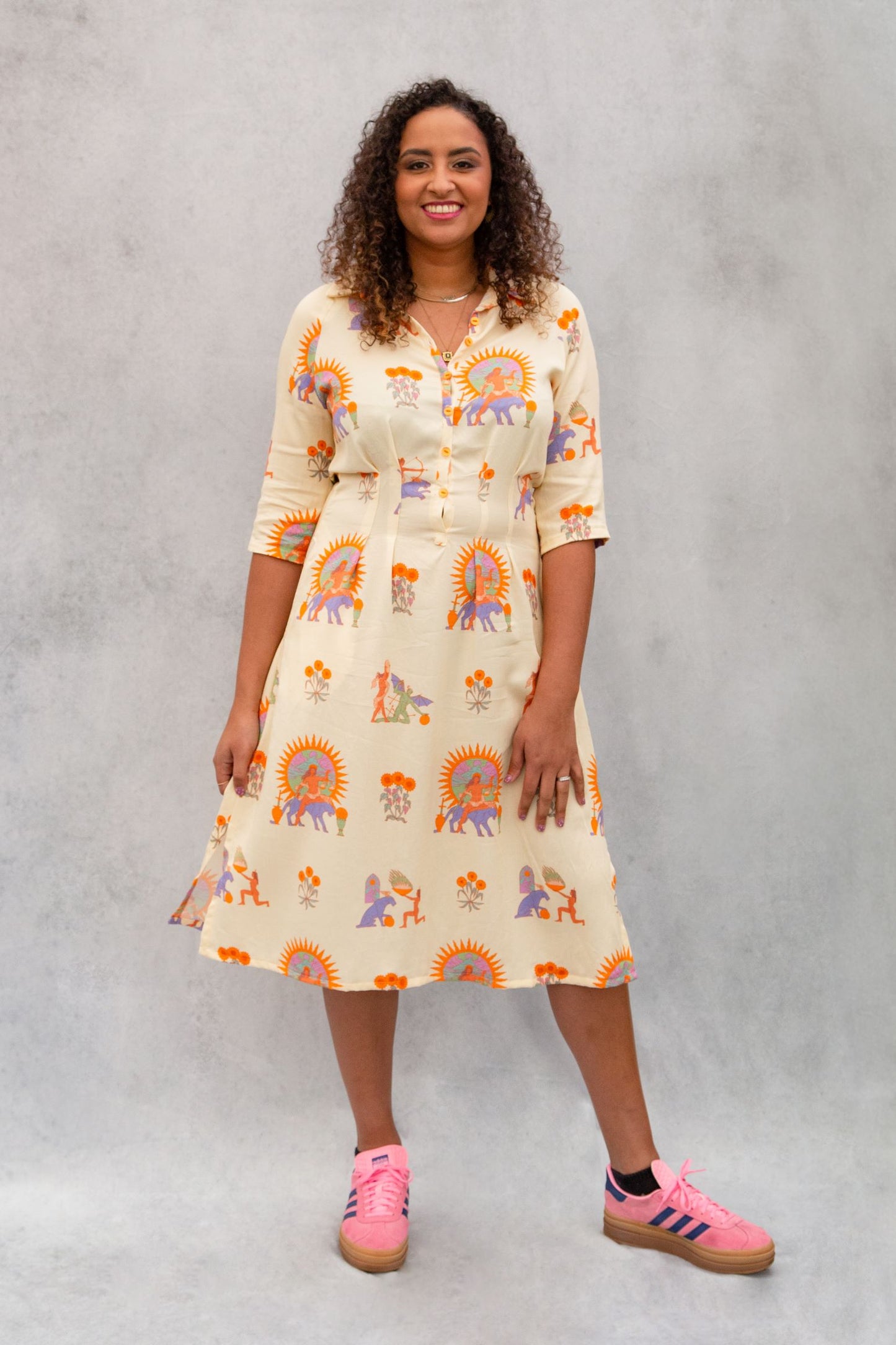 Sample Zoe Dress in Cream with Orange and Red Mystics - Size 16 w/FBA