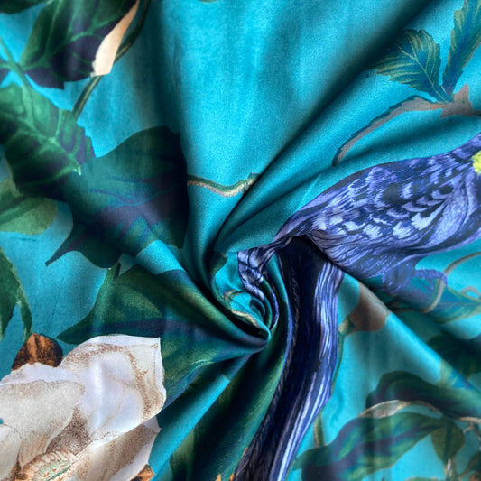 Flowers and Birds Extra Wide Cotton Sateen in Teal and Yellow