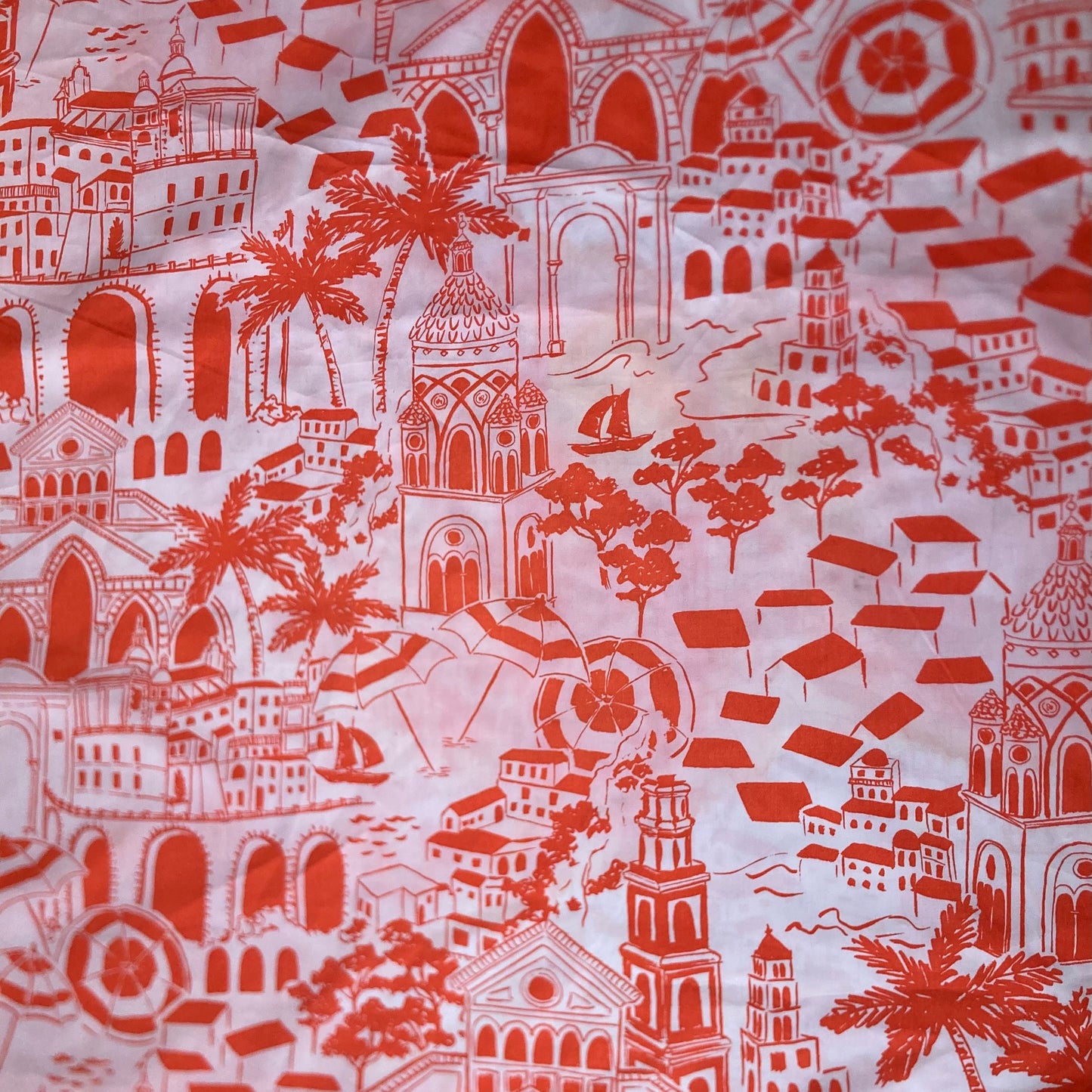Amalfi Coast Holiday Print Cotton in Orange on White