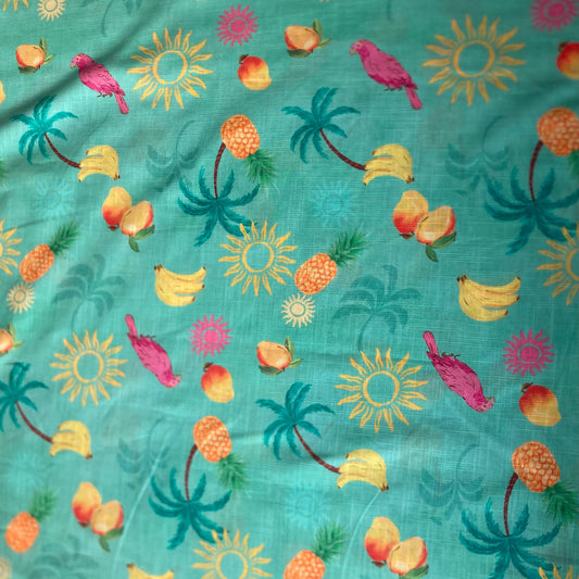 Bananas Birds and Palm Trees Viscose Cotton in Green and Yellow
