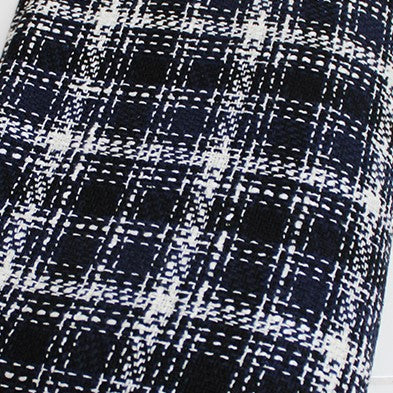 Loose Weave Check Wool Blend in Navy Blue and White