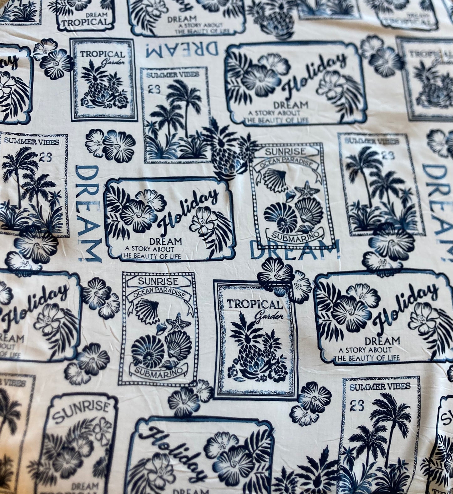 Holiday Tiles Print in Navy Blue on White Viscose Remnant - 4.75m
