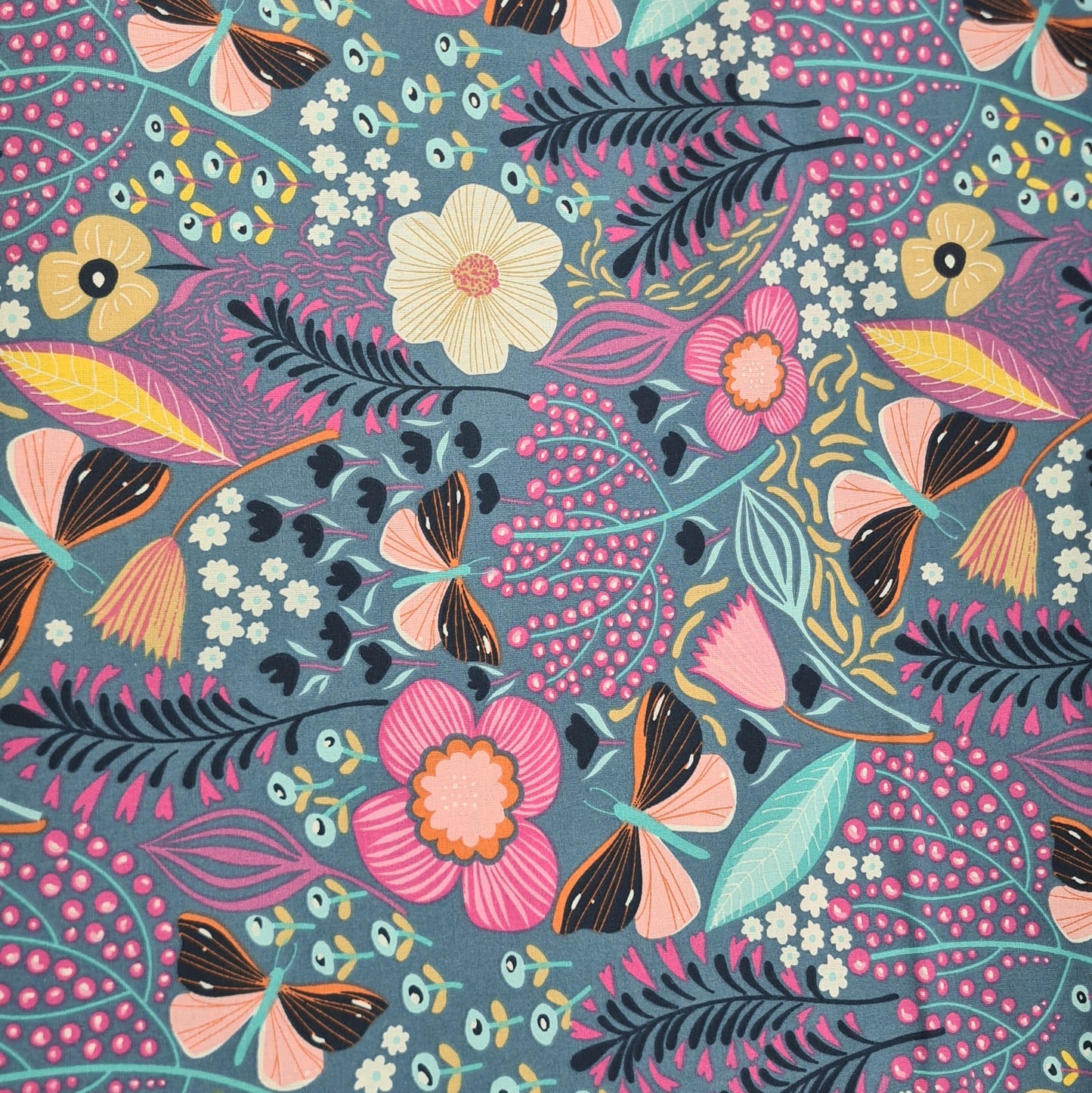 Butterflies and Flowers Quilting Cotton in Blue and Pink Remnant