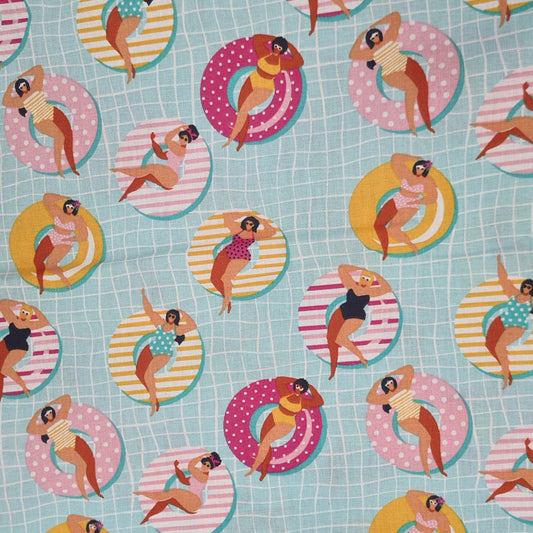 Ladies and Doughnuts in the Pool Cotton in Blue and Pink