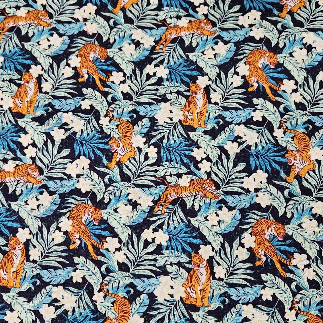 Jungle Tigers Cotton Poplin in Blue Orange and Black