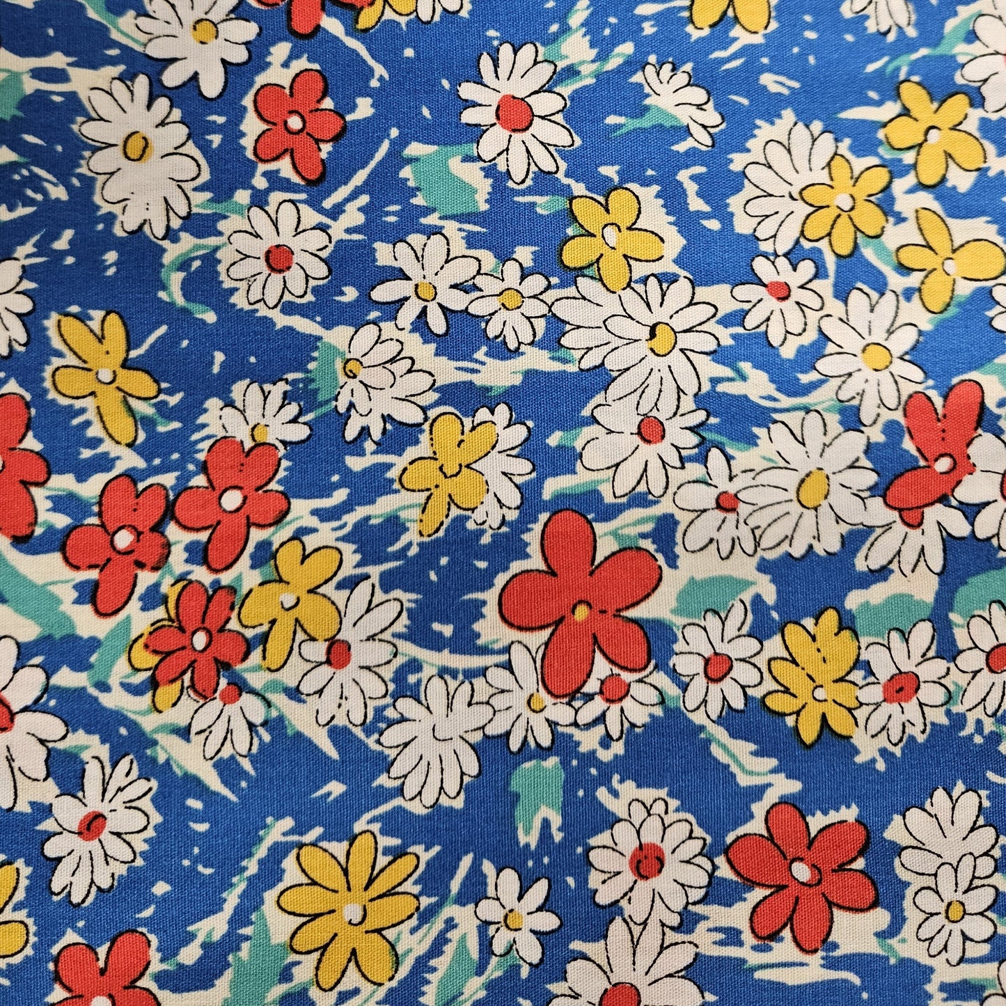 Vintage Style Flowers Cotton Poplin in Red and White on Blue