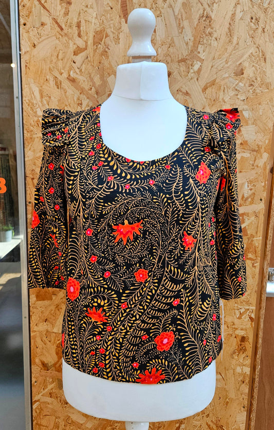 Sample Iris Ruffle Sleeve Top in Red Yellow and Black Cotton - Size 12/14