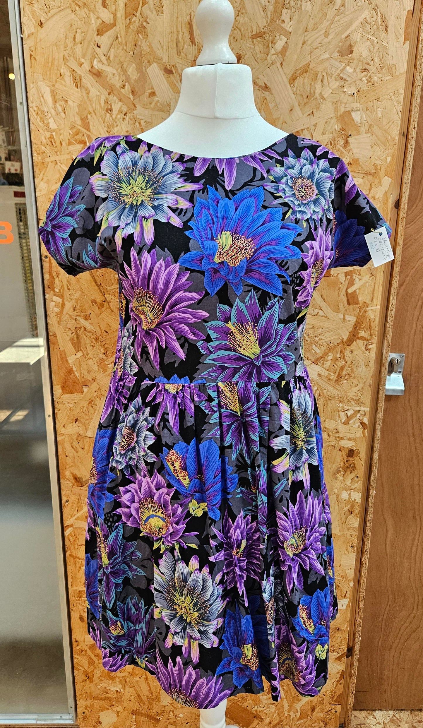 Sample Cassie Dress in Purple Blue and Black Floral Cotton - Size 14