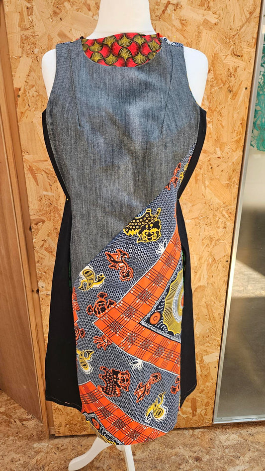Sample Martha Dress in Denim and Orange Ankara - Size 10