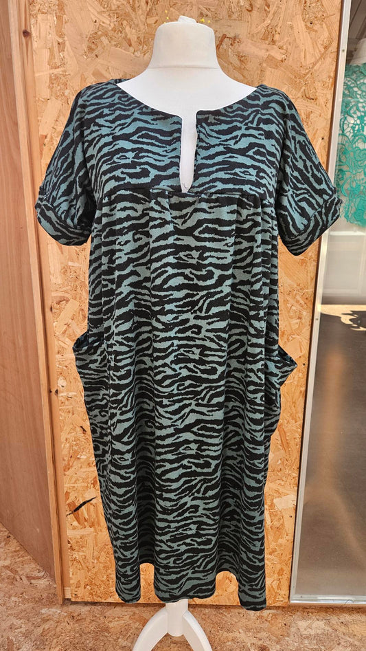 Sample Frida Dress in Zebra Print Teal Green and Black Pont Roma - Size 20