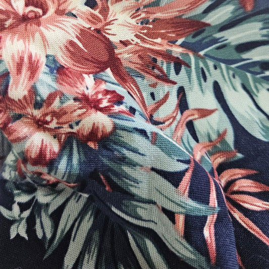 Viscose Challis Palm Leaves in Blue Red and Duck Egg 78cm Remnant