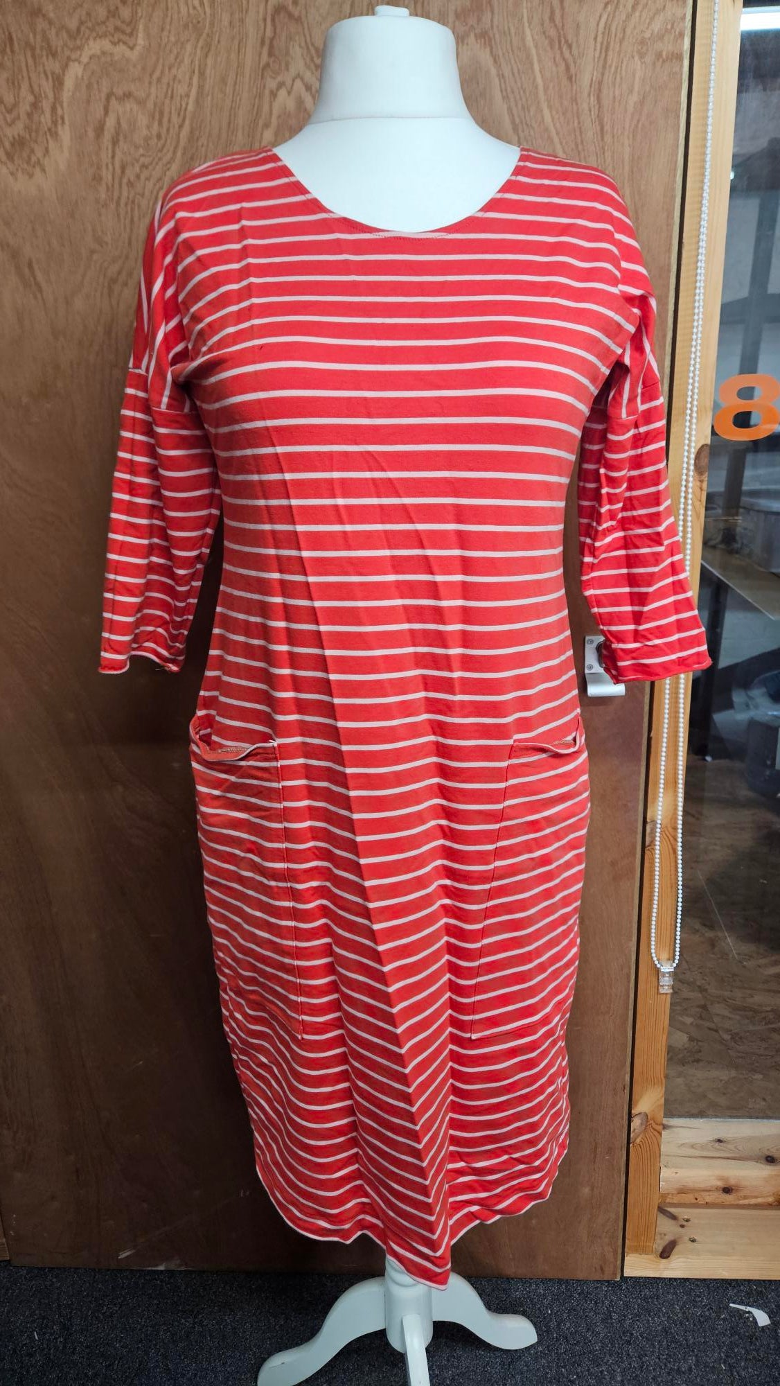 Sample Astrid T-shirt Dress in Red and Pink Stripes Cotton French Terry - Size 16
