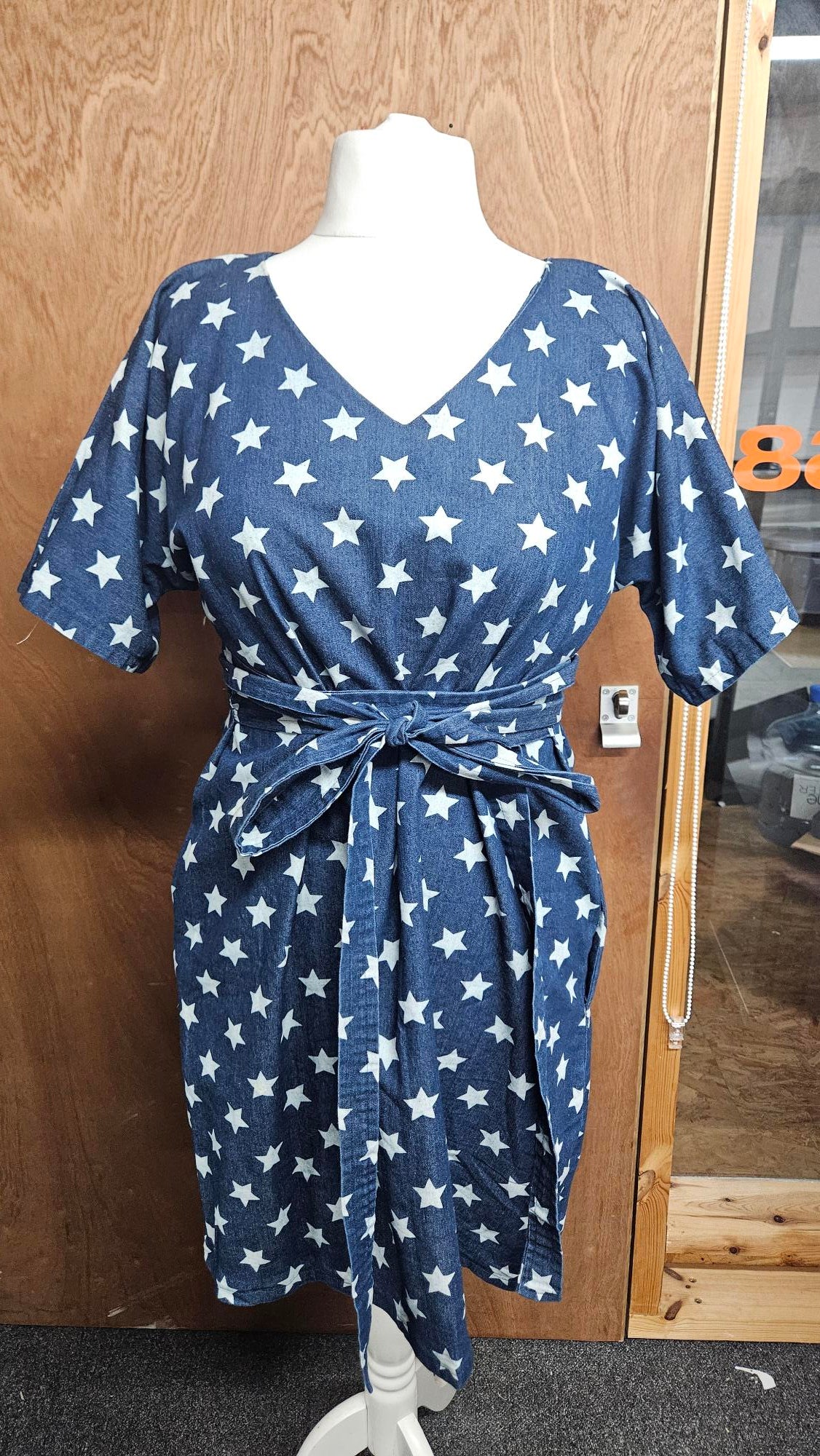 Sample Kobi Dress in Blue and White Star Stretch Denim - Size Small