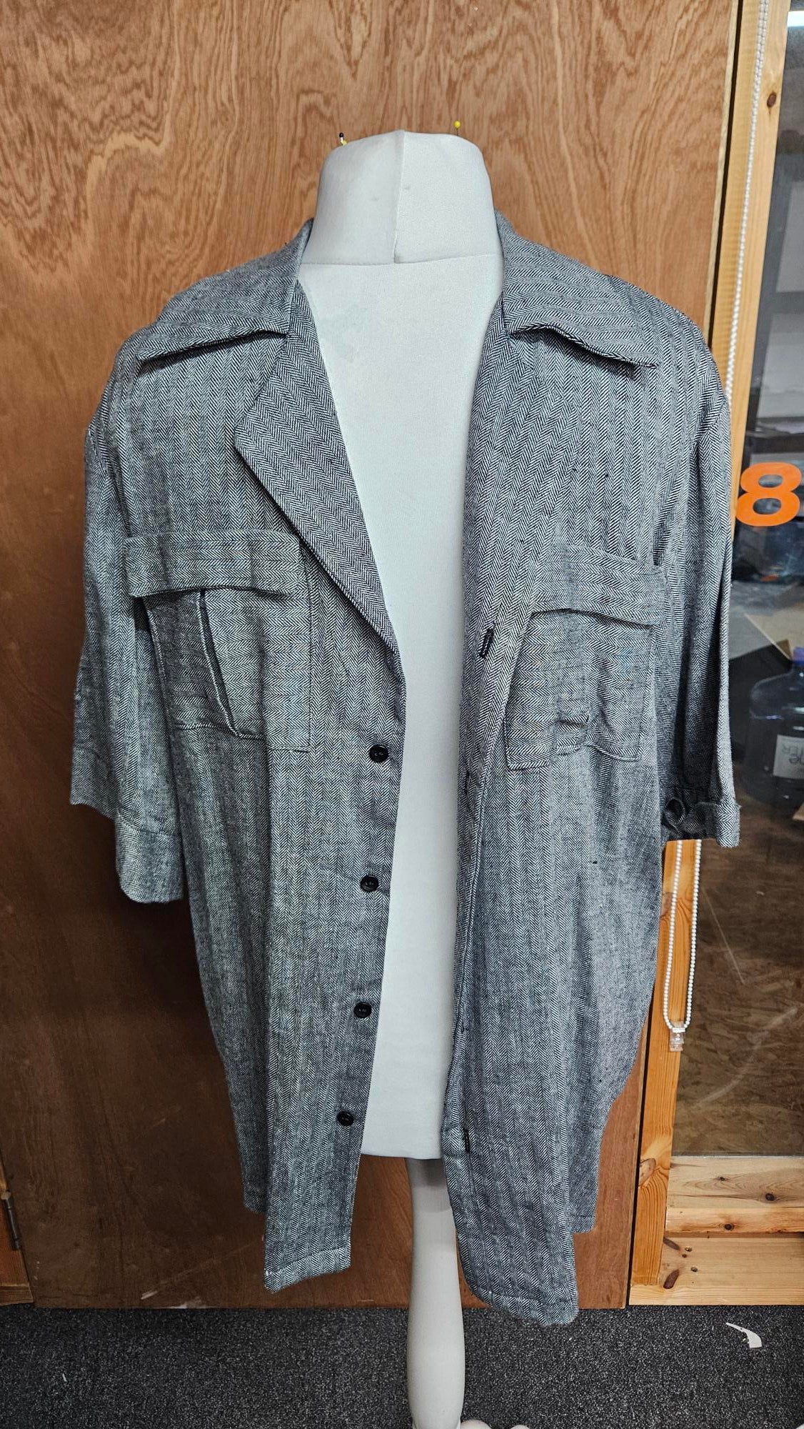 Sample Tony Shirt in Grey and Black Herringbone Linen Blend - Size 44" Chest