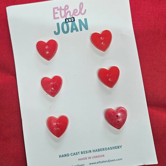 Ethel and Joan Red Heart Resin Buttons - Pack of 6