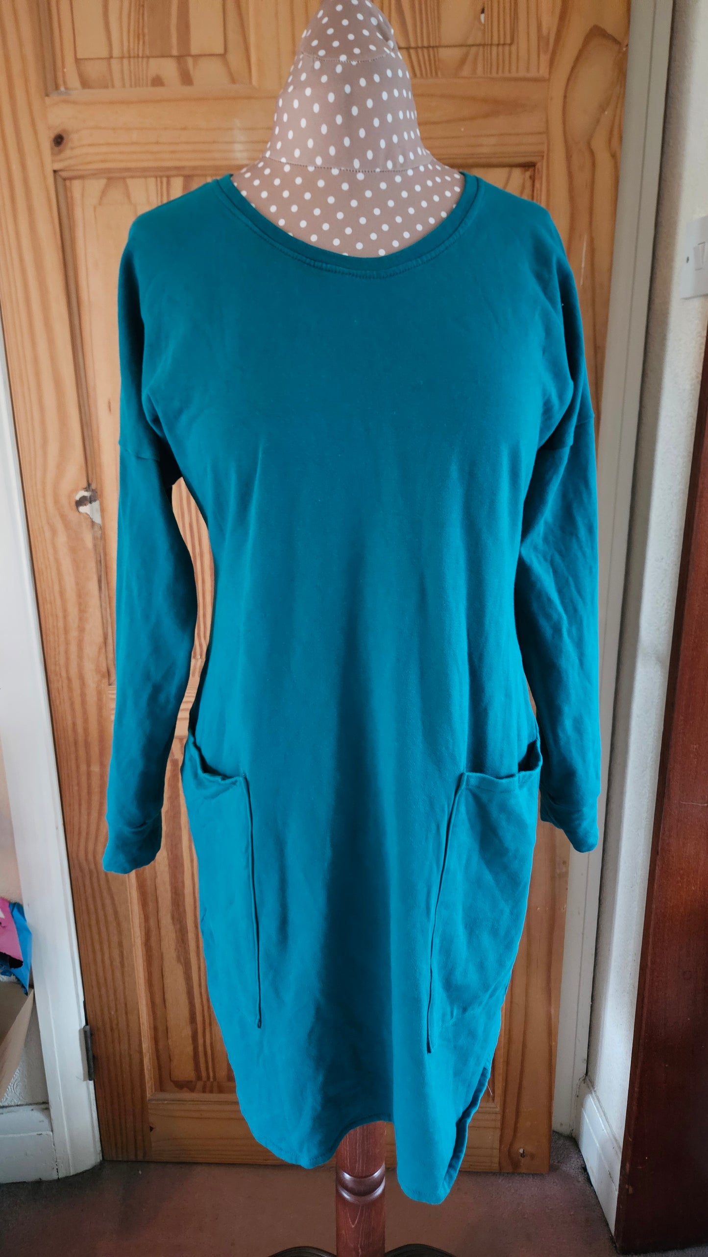 Sample Astrid Jumper Dress in Teal Brushed Back Sweatshirt - Size 16