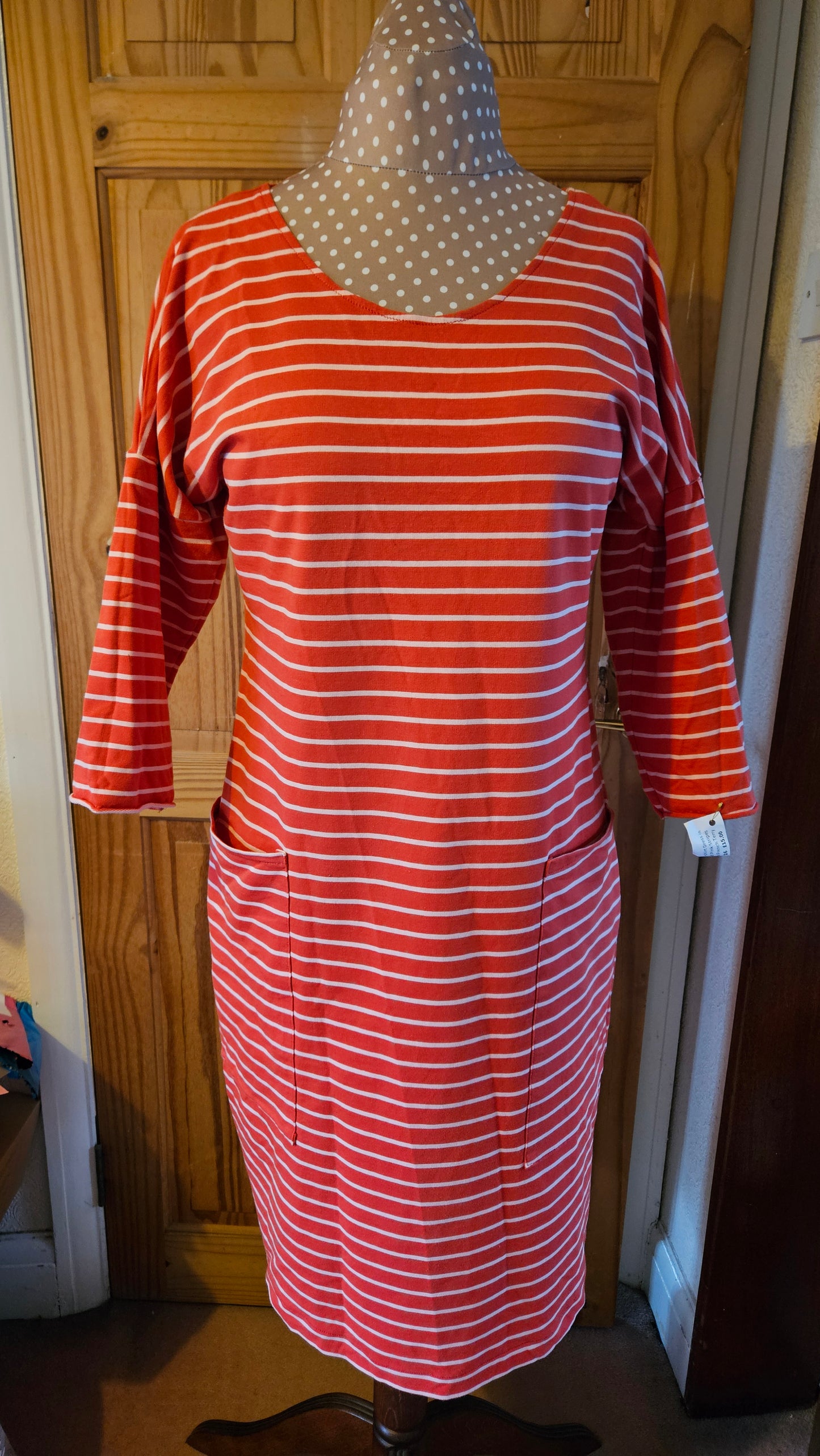 Sample Astrid T-shirt Dress in Red and Pink Stripes Cotton French Terry - Size 16