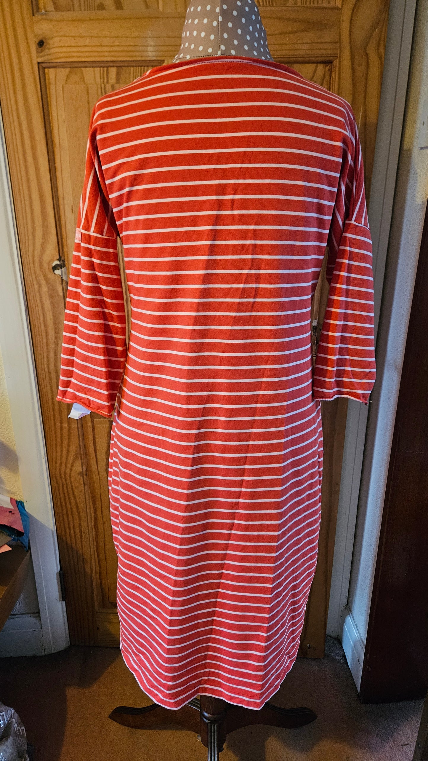 Sample Astrid T-shirt Dress in Red and Pink Stripes Cotton French Terry - Size 16