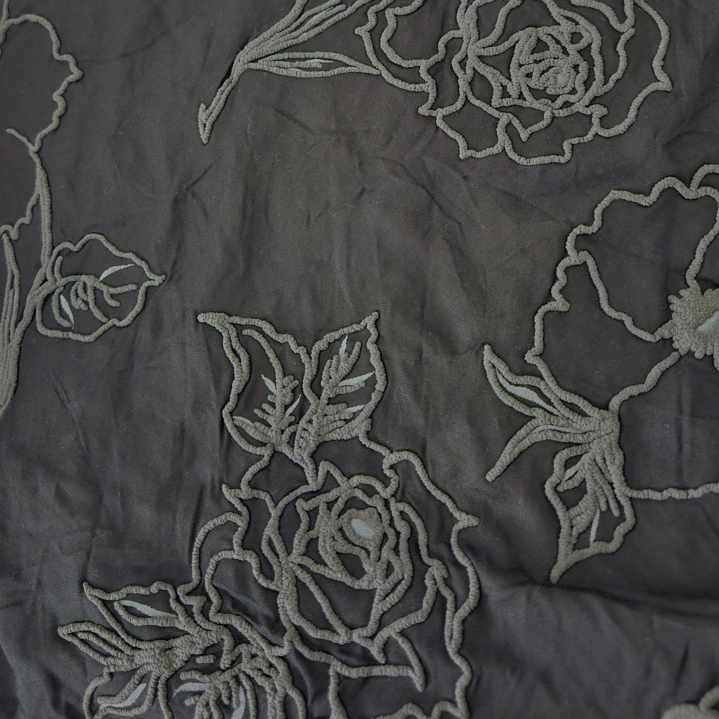 Grey Rubber Flower Design on a Black Cotton Background Remnant - 3.2m