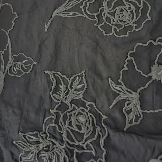 Grey Rubber Flower Design on a Black Cotton Background Remnant - 3.2m