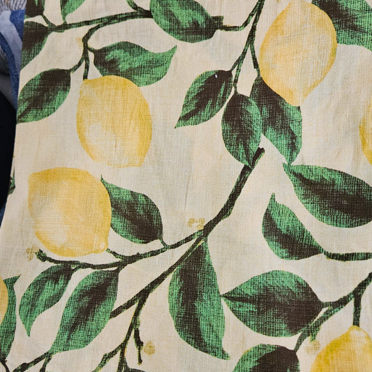 Linen Look Lemons with Green Leaves on Yellow Cotton Remnant - 2.3m