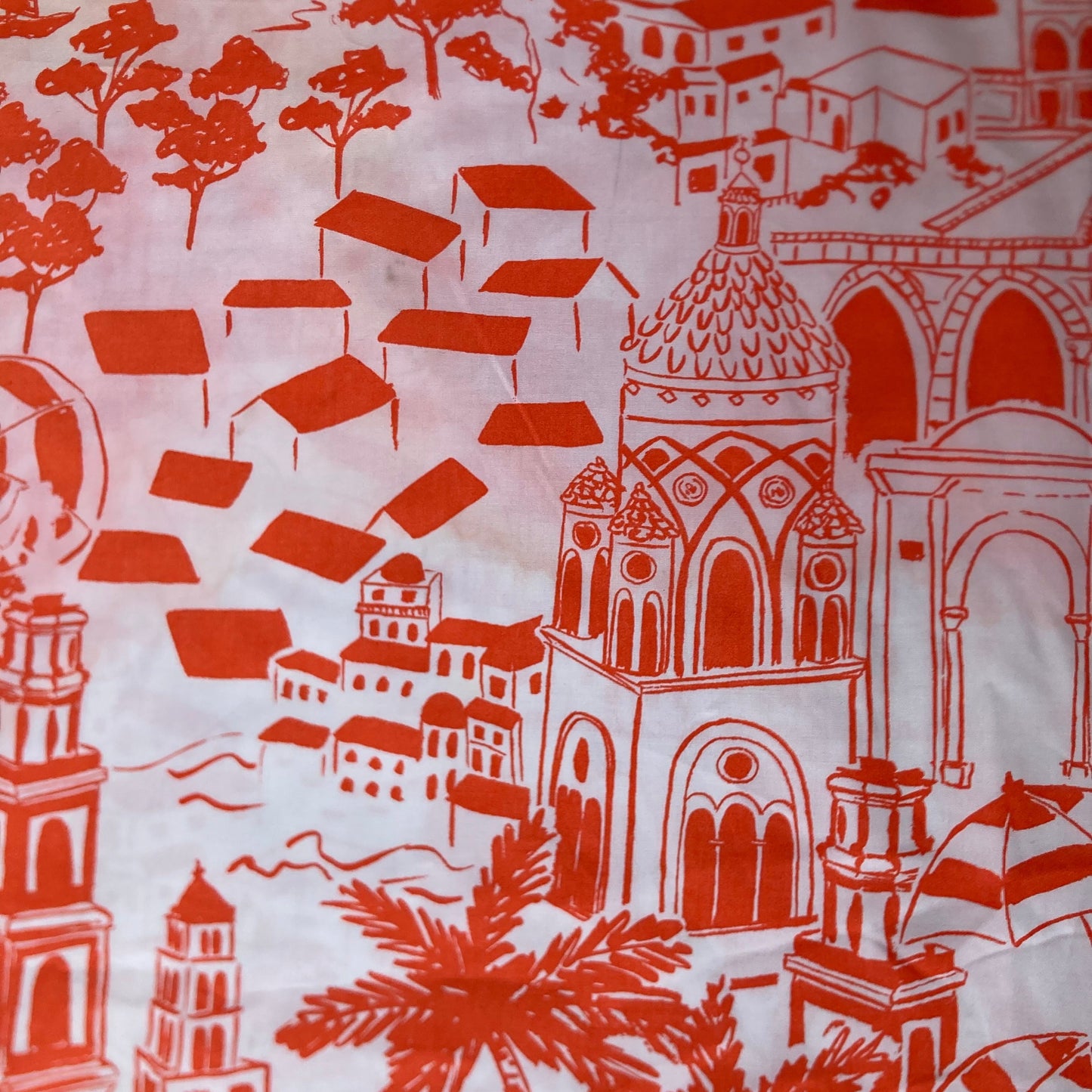 Amalfi Coast Holiday Print Cotton in Orange on White