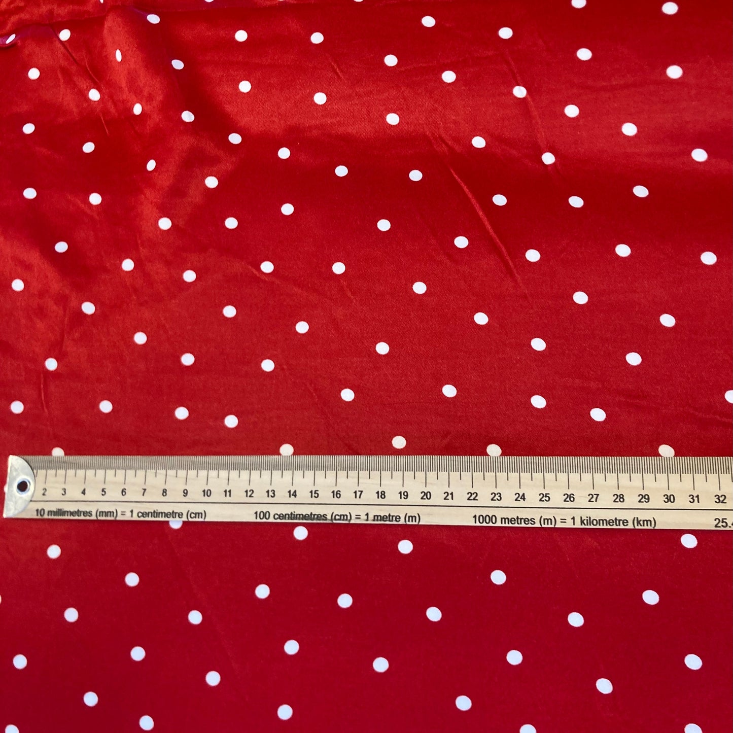 Red on White Polka Dot Viscose Satin Remnant - 2m