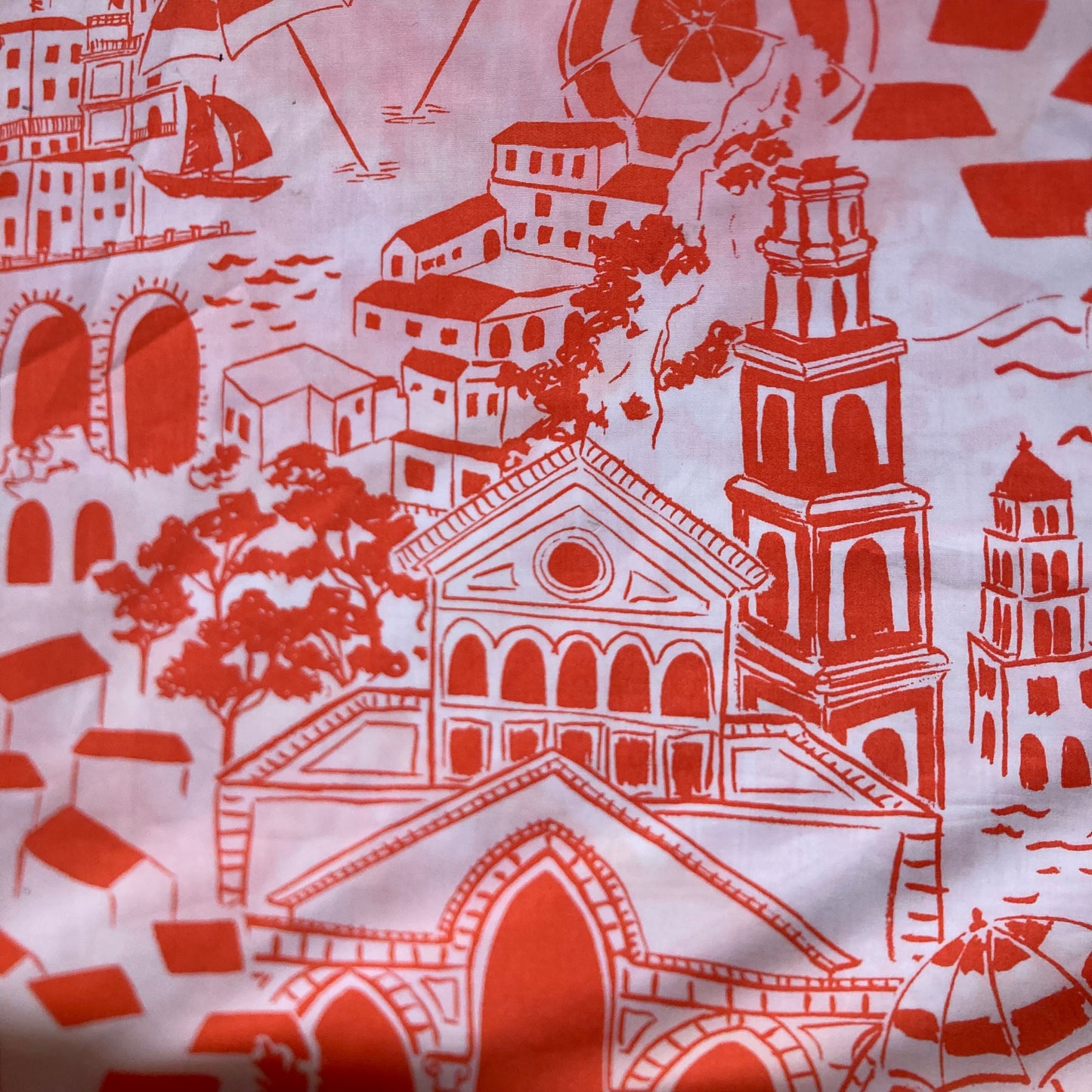 Amalfi Coast Holiday Print Cotton in Orange on White