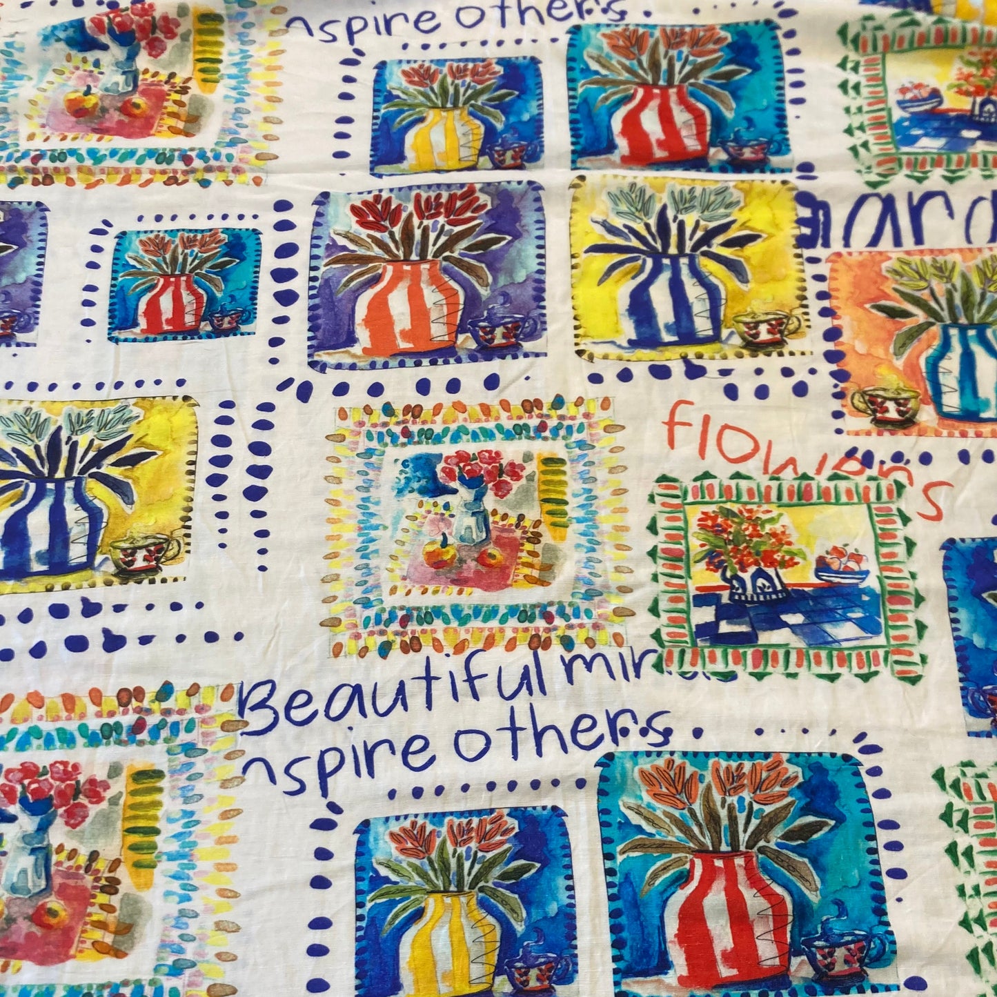 Holiday Flower Tiles on White Cotton Viscose Linen Remnant - 2.6m