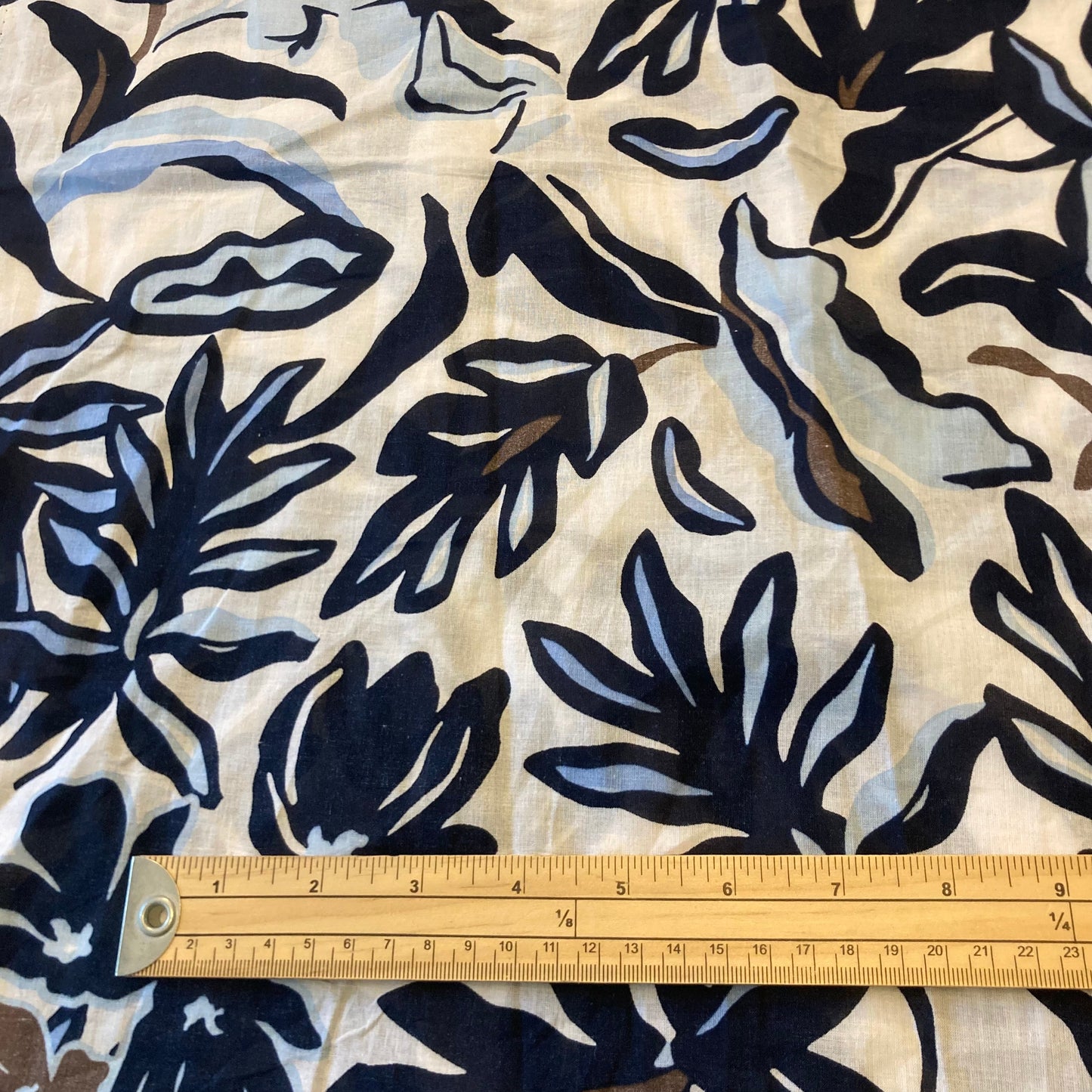 Paint Style Flowers and Leaves Cotton Poplin in Navy Blue and Brown on White Remnant - 4m