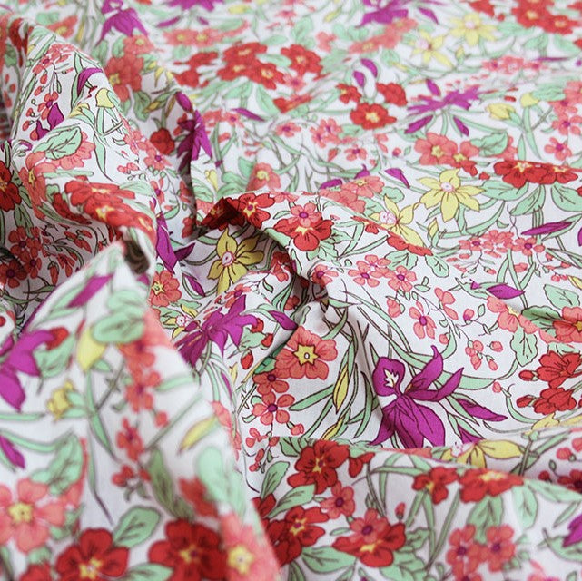 Summer Field Floral Cotton Poplin in Red Purple and Green 95cm Remnant