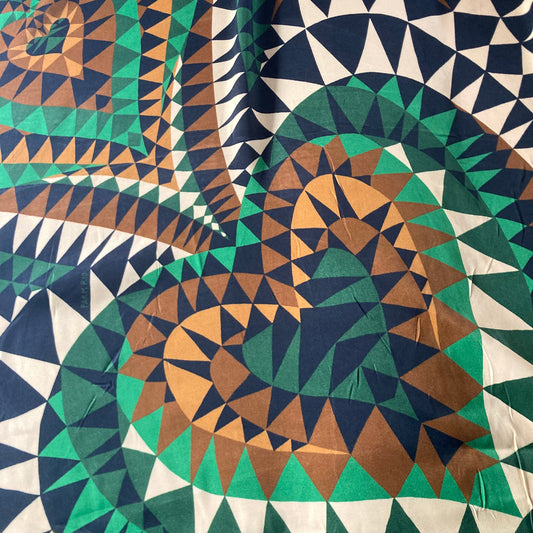Farm Rio Geometric Heart Pattern Viscose Satin in Green and Brown Remnant 2m