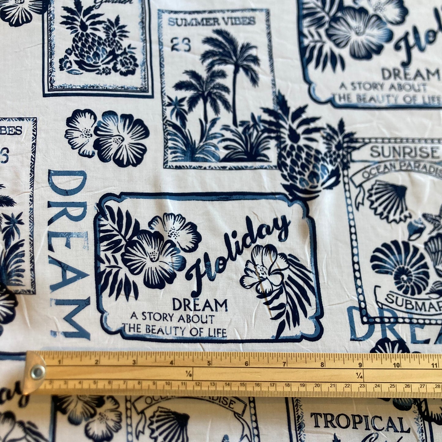 Holiday Tiles Print in Navy Blue on White Viscose Remnant - 4.75m