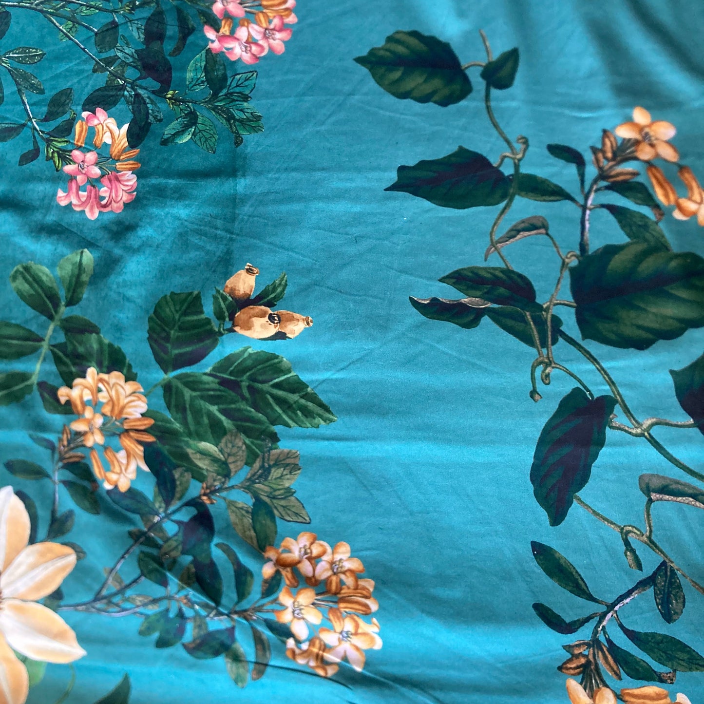 Flowers and Birds Extra Wide Cotton Sateen in Teal and Yellow