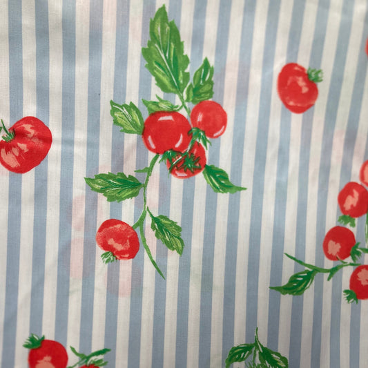 Tomatoes on Stripes Cotton in Red Blue and White