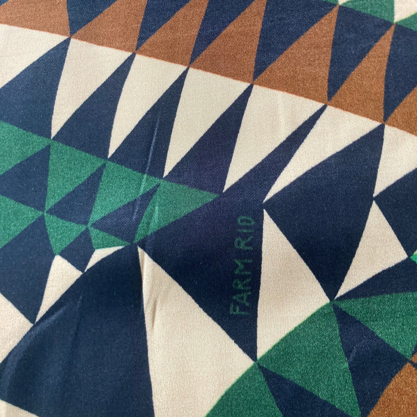 Farm Rio Geometric Heart Pattern Viscose Satin in Green and Brown Remnant 2m