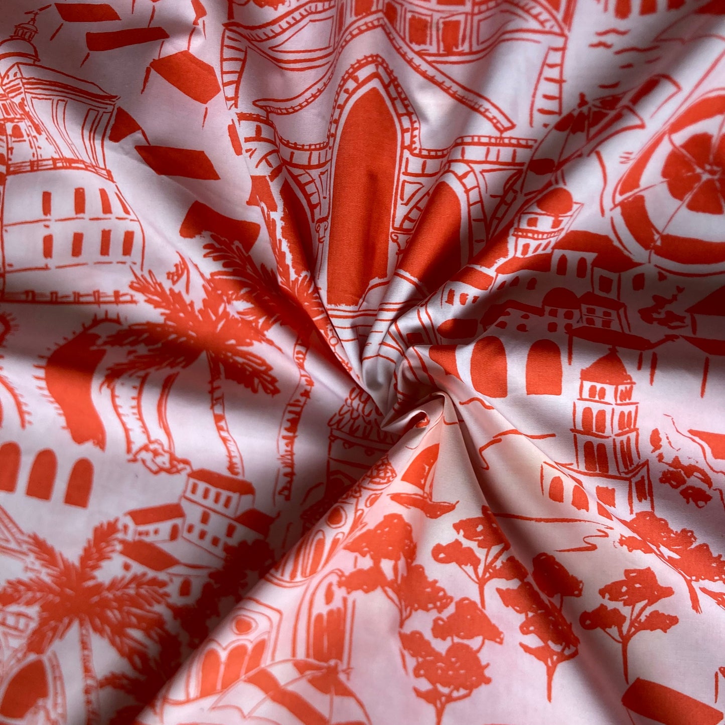 Amalfi Coast Holiday Print Cotton in Orange on White